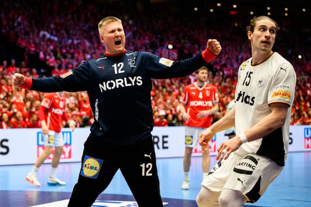 Herning Handball EM 2026 Final Denmark Germany Denmarks goalkeeper Emil Nielsen, Juri Knorr Germany Herning Jyske Bank Boxing Denmark