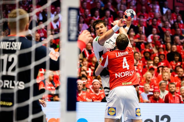 Herning Handball EM 2026 Final Denmark Germany v left Denmarks goalkeeper Emil Nielsen, Renars Uscins Germany , Denmarks Magnus Landin Herning Jyske Bank Boxing Denmark
