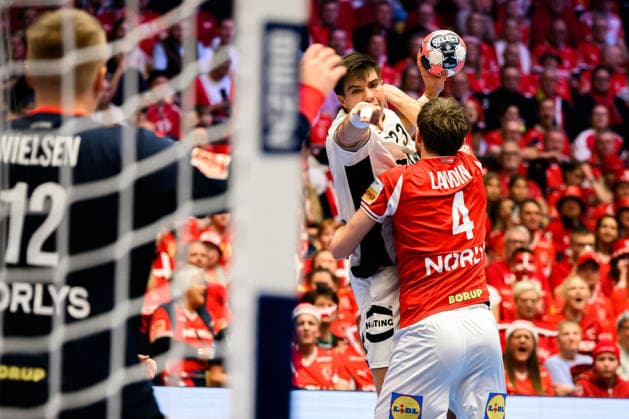 Herning Handball EM 2026 Final Denmark Germany v left Denmarks goalkeeper Emil Nielsen, Renars Uscins Germany , Denmarks Magnus Landin Herning Jyske Bank Boxing Denmark