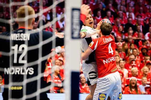 Herning Handball EM 2026 Final Denmark Germany v left Denmarks goalkeeper Emil Nielsen, Renars Uscins Germany , Denmarks Magnus Landin Herning Jyske Bank Boxing Denmark