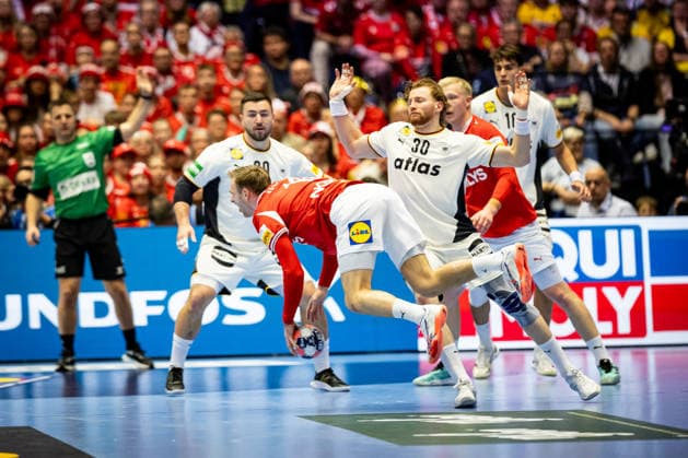 HERNING, DENMARK - FEBRUARY 1: Foul from Tom Kiesler (Germany, 30) at Mathias Gidsel (Denmark, 19) during the EHF EURO 2026 Final match between Denmark vs Germany at Jyske Bank Boxen Arena on February 1, 2026 in Herning, Denmark. Midtjylland Denmark Copyright: xMarioxM.xKobergx