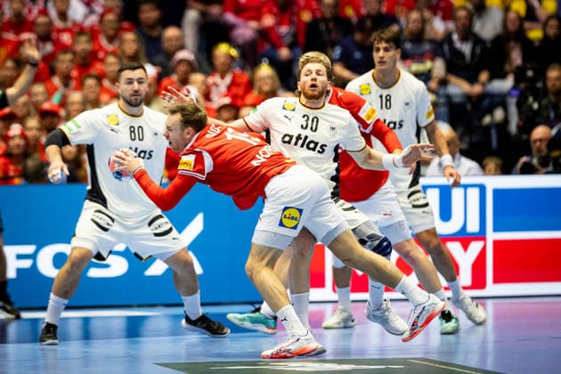 HERNING, DENMARK - FEBRUARY 1: Foul from Tom Kiesler (Germany, 30) at Mathias Gidsel (Denmark, 19) during the EHF EURO 2026 Final match between Denmark vs Germany at Jyske Bank Boxen Arena on February 1, 2026 in Herning, Denmark. Midtjylland Denmark Copyright: xMarioxM.xKobergx