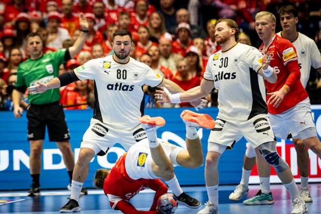 HERNING, DENMARK - FEBRUARY 1: Foul from Tom Kiesler (Germany, 30) at Mathias Gidsel (Denmark, 19) during the EHF EURO 2026 Final match between Denmark vs Germany at Jyske Bank Boxen Arena on February 1, 2026 in Herning, Denmark. Midtjylland Denmark Copyright: xMarioxM.xKobergx