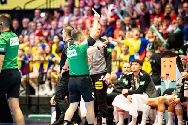 HERNING, DENMARK - FEBRUARY 1: Red card Tom Kiesler (Germany, 30) during the EHF EURO 2026 Final match between Denmark vs Germany at Jyske Bank Boxen Arena on February 1, 2026 in Herning, Denmark. Midtjylland Denmark Copyright: xMarioxM.xKobergx