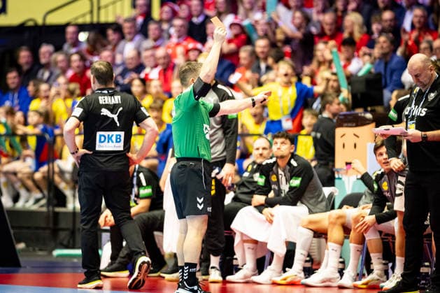 HERNING, DENMARK - FEBRUARY 1: Red card Tom Kiesler (Germany, 30) during the EHF EURO 2026 Final match between Denmark vs Germany at Jyske Bank Boxen Arena on February 1, 2026 in Herning, Denmark. Midtjylland Denmark Copyright: xMarioxM.xKobergx