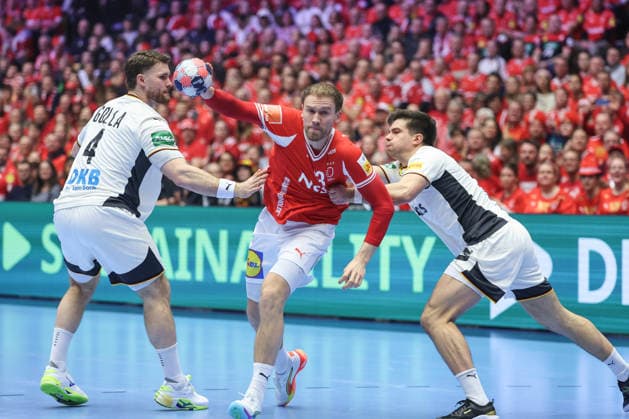 Denmark v Germany - Men s EHF EURO 2026 Final Simon Pytlick of Denmark in action against Johannes Golla (L) and Renars Uscins (R) of Germany during the Men s EHF EURO 2026 Final match between Denmark and Germany at Jyske Bank Boxen on February 1, 2026 in Herning, Denmark.  SanjinxStrukic PIXSELL