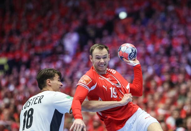 Denmark v Germany - Men s EHF EURO 2026 Final Mathias Gidsel of Denmark in action against Julian Koster of Germany during the Men s EHF EURO 2026 Final match between Denmark and Germany at Jyske Bank Boxen on February 1, 2026 in Herning, Denmark.  SanjinxStrukic PIXSELL
