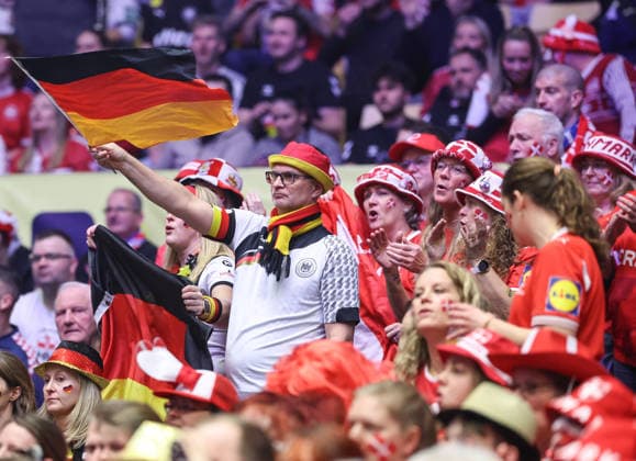 Denmark v Germany - Men s EHF EURO 2026 Final Dermany and Denmark supporters cheer on the stands during the Men s EHF EURO 2026 Final match between Denmark and Germany at Jyske Bank Boxen on February 1, 2026 in Herning, Denmark.  SanjinxStrukic PIXSELL