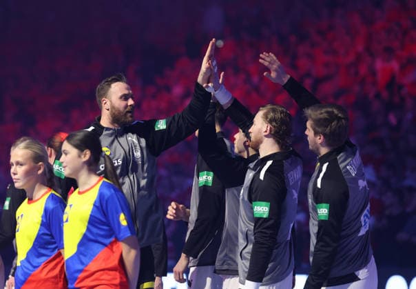 Denmark v Germany - Men s EHF EURO 2026 Final Andreas Wolff of Germany and Tom Kiesler of Germany high five prior to the Men s EHF EURO 2026 Final match between Denmark and Germany at Jyske Bank Boxen on February 1, 2026 in Herning, Denmark.  SanjinxStrukic PIXSELL