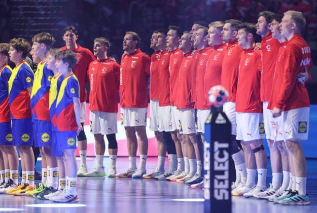 Denmark v Germany - Men s EHF EURO 2026 Final Players of Denmark line up for national anthem during the Men s EHF EURO 2026 Final match between Denmark and Germany at Jyske Bank Boxen on February 1, 2026 in Herning, Denmark.  SanjinxStrukic PIXSELL