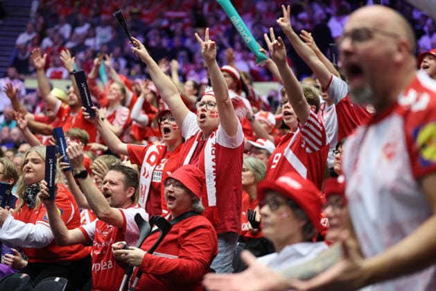 Denmark v Germany - Men s EHF EURO 2026 Final Denmark supporters cheer on the stands during the Men s EHF EURO 2026 Final match between Denmark and Germany at Jyske Bank Boxen on February 1, 2026 in Herning, Denmark.  SanjinxStrukic PIXSELL