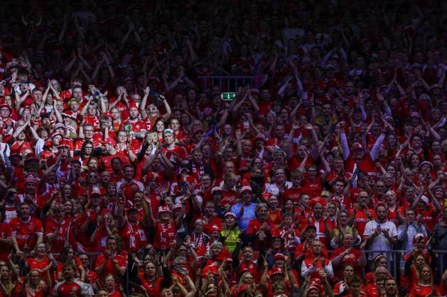 Denmark v Germany - Men s EHF EURO 2026 Final Denmark supporters cheer on the stands during the Men s EHF EURO 2026 Final match between Denmark and Germany at Jyske Bank Boxen on February 1, 2026 in Herning, Denmark.  SanjinxStrukic PIXSELL