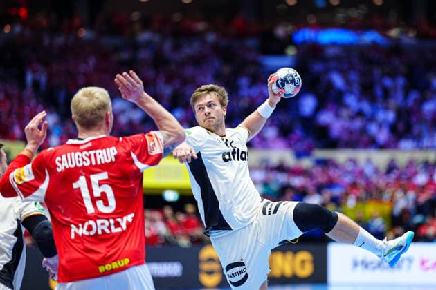 Throw Goal Franz Semper Germany, 32 DEN, Denmark vs Germany, Handball, EHF European Championship 2026, Final, 01 02 2026 DEN, Denmark vs Germany, Handball, EHF European Championship 2026, Final, 01 02 2026 Herning Copyright: xEibner-Pressefoto MarcelxvonxFehrnx EP_MFN