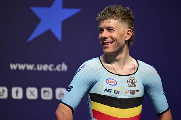Belgian Jules Hesters , winner of the bronze medal pictured on the podium of the men s elimination race on the first day of the 2026 UEC Track Elite European Championships, in Konya, Turkey, Sunday 01 February 2026. The European Championships take place from 01 to 05 February 2026. DIRKxWAEM  x160278544x