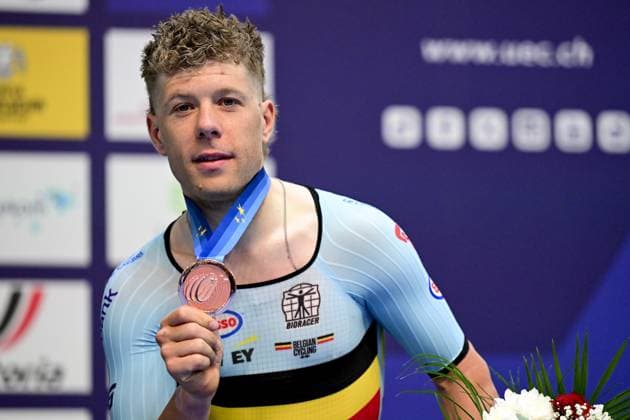 Belgian Jules Hesters , winner of the bronze medal pictured on the podium of the men s elimination race on the first day of the 2026 UEC Track Elite European Championships, in Konya, Turkey, Sunday 01 February 2026. The European Championships take place from 01 to 05 February 2026. DIRKxWAEM  x160278696x