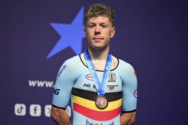 Belgian Jules Hesters, winner of the bronze medal pictured on the podium of the men s elimination race on the first day of the 2026 UEC Track Elite European Championships, in Konya, Turkey, Sunday 01 February 2026. The European Championships take place from 01 to 05 February 2026. DIRKxWAEM  x160278746x
