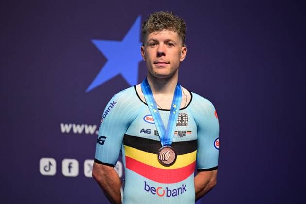 Belgian Jules Hesters pictured on the podium after the first day of the 2026 UEC Track Elite European Championships, in Konya, Turkey, Sunday 01 February 2026. The European Championships take place from 01 to 05 February 2026. DIRKxWAEM  x160278876x