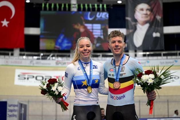 Belgian Helene Hesters and Belgian Jules Hesters pictured on the podium after the first day of the 2026 UEC Track Elite European Championships, in Konya, Turkey, Sunday 01 February 2026. The European Championships take place from 01 to 05 February 2026. DIRKxWAEM  x160279176x