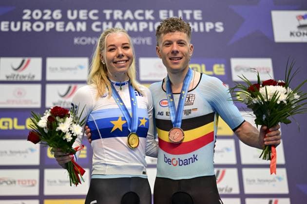 Belgian Helene Hesters and Belgian Jules Hesters pictured on the podium after the first day of the 2026 UEC Track Elite European Championships, in Konya, Turkey, Sunday 01 February 2026. The European Championships take place from 01 to 05 February 2026. DIRKxWAEM  x160279219x