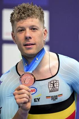 Belgian Jules Hesters , winner of the bronze medal pictured on the podium of the men s elimination race on the first day of the 2026 UEC Track Elite European Championships, in Konya, Turkey, Sunday 01 February 2026. The European Championships take place from 01 to 05 February 2026. DIRKxWAEM  x160279250x