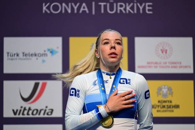 Belgian Helene Hesters pictured on the podium after the first day of the 2026 UEC Track Elite European Championships, in Konya, Turkey, Sunday 01 February 2026. The European Championships take place from 01 to 05 February 2026. DIRKxWAEM  x160279423x