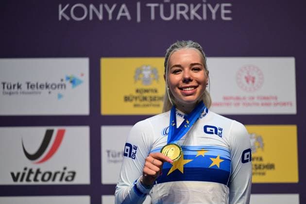 Belgian Helene Hesters pictured on the podium after the first day of the 2026 UEC Track Elite European Championships, in Konya, Turkey, Sunday 01 February 2026. The European Championships take place from 01 to 05 February 2026. DIRKxWAEM  x160279452x