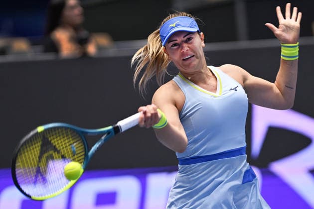 Dalma Galfi of Hungary returns a ball to Tereza Martincova of Czech Republic during the WTA, Tennis Damen women s tennis tournament Ostrava Open match on February 1, 2026, in Ostrava, Czech Republic. (CTKxPhoto JaroslavxOzana) CTKPhotoP2026020105484  CTKPhotoP2026020105484