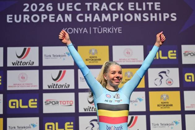 Belgian Helene Hesters pictured on the podium after the first day of the 2026 UEC Track Elite European Championships, in Konya, Turkey, Sunday 01 February 2026. The European Championships take place from 01 to 05 February 2026. DIRKxWAEM  x160279483x