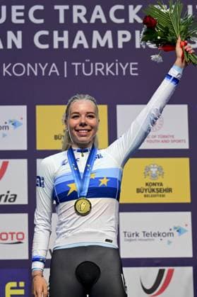 Belgian Helene Hesters celebrates on the podium after winning the women s Scratch race at the first day of the 2026 UEC Track Elite European Championships, in Konya, Turkey, Sunday 01 February 2026. The European Championships take place from 01 to 05 February 2026. DIRKxWAEM  x160279688x