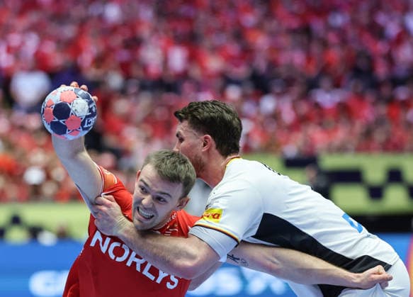 Denmark v Germany - Men s EHF EURO 2026 Final Thomas Arnoldsen of Denmark in action against Johannes Golla of Germany during the Men s EHF EURO 2026 Final match between Denmark and Germany at Jyske Bank Boxen on February 1, 2026 in Herning, Denmark.  SanjinxStrukic PIXSELL