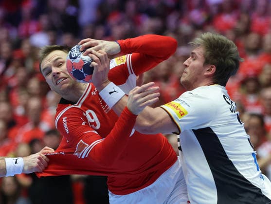 Denmark v Germany - Men s EHF EURO 2026 Final Mathias Gidsel of Denmark in action against Franz Semper of Germany during the Men s EHF EURO 2026 Final match between Denmark and Germany at Jyske Bank Boxen on February 1, 2026 in Herning, Denmark.  SanjinxStrukic PIXSELL