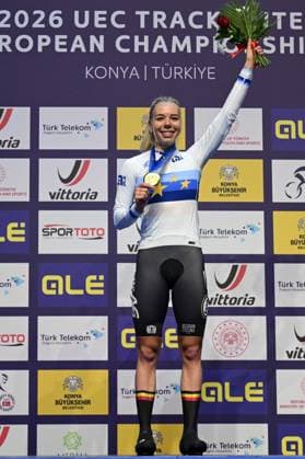 Belgian Helene Hesters celebrate on the podium after winning the women s Scratch race at the first day of the 2026 UEC Track Elite European Championships, in Konya, Turkey, Sunday 01 February 2026. The European Championships take place from 01 to 05 February 2026. DIRKxWAEM  x160281013x