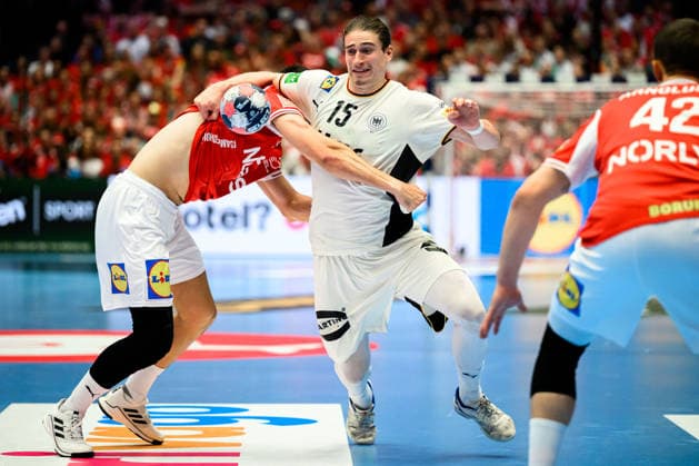 Herning Handball EM 2026 Final Denmark Germany v li in duel Denmarks Mads Hoxer and Juri Knorr Germany Herning Jyske Bank Boxing Denmark