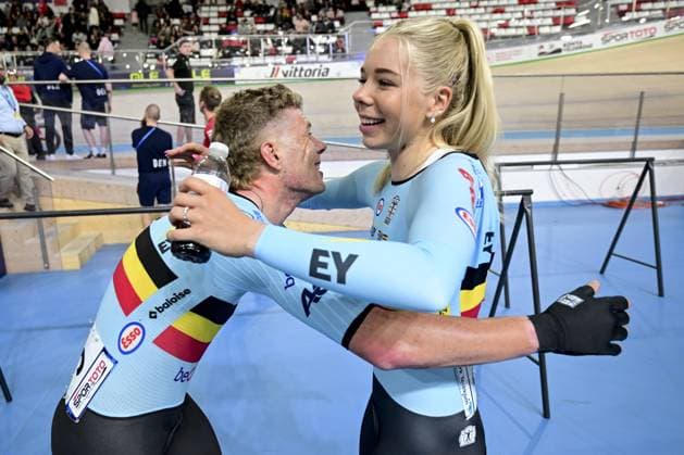 Belgian Jules Hesters and Belgian Helene Hesters celebrate during the first day of the 2026 UEC Track Elite European Championships, in Konya, Turkey, Sunday 01 February 2026. The European Championships take place from 01 to 05 February 2026. DIRKxWAEM  x160281921x