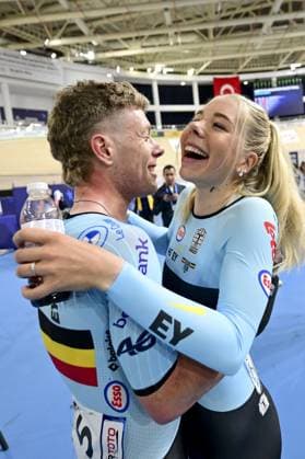 Belgian Jules Hesters and Belgian Helene Hesters celebrate during the first day of the 2026 UEC Track Elite European Championships, in Konya, Turkey, Sunday 01 February 2026. The European Championships take place from 01 to 05 February 2026. DIRKxWAEM  x160281958x