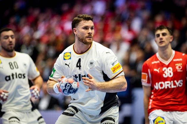 HERNING, DENMARK - FEBRUARY 1: Johannes Golla (Germany, 04) in attack during the EHF EURO 2026 Final match between Denmark vs Germany at Jyske Bank Boxen Arena on February 1, 2026 in Herning, Denmark. Midtjylland Denmark Copyright: xMarioxM.xKobergx