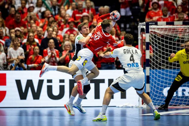 HERNING, DENMARK - FEBRUARY 1: Mathias Gidsel (Denmark, 19) in attack during the EHF EURO 2026 Final match between Denmark vs Germany at Jyske Bank Boxen Arena on February 1, 2026 in Herning, Denmark. Midtjylland Denmark Copyright: xMarioxM.xKobergx
