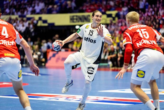 HERNING, DENMARK - FEBRUARY 1: Juri Knorr (Germany, 15) in attack during the EHF EURO 2026 Final match between Denmark vs Germany at Jyske Bank Boxen Arena on February 1, 2026 in Herning, Denmark. Midtjylland Denmark Copyright: xMarioxM.xKobergx