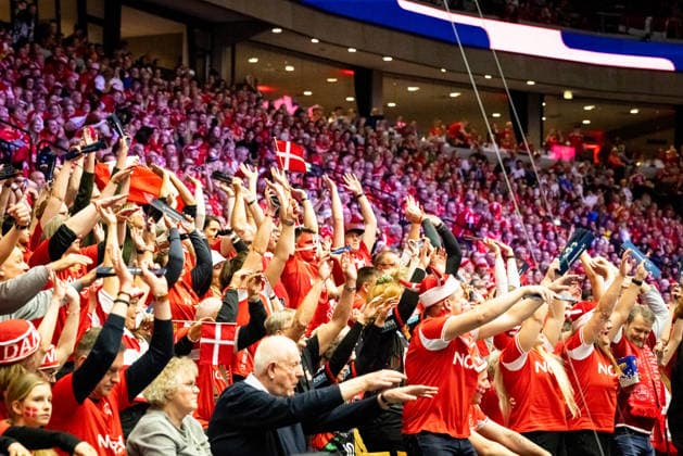 HERNING, DENMARK - FEBRUARY 1: Fans Denmark during the EHF EURO 2026 Final match between Denmark vs Germany at Jyske Bank Boxen Arena on February 1, 2026 in Herning, Denmark. Midtjylland Denmark Copyright: xMarioxM.xKobergx