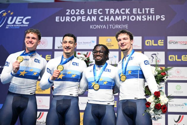 01-02-2026 European Championships Elite Track; Giornata 01; 2026, France; Helal Rayan; Oliviero, Etienne; Gillion, Timmy; Derache, Tom; Konya - Velodrom; 