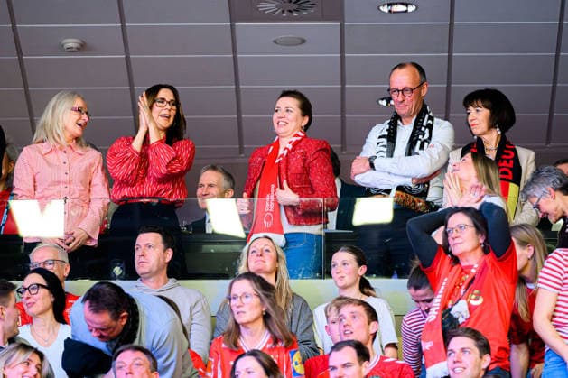 Herning European Handball Championship 2026 Final Denmark Germany from left Queen Mary Elizabeth of Denmark, Prime Minister Mette Frederiksen, Chancellor Friedrich Merz Herning Jyske Bank Boxing Denmark