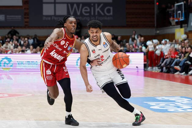f l n r Marcus Carr Fitness First Wuerzburg Baskets, 5 and Ibrahim Watson Bamberg Baskets, 2 01 02 2026, Basketball, BBL, Fitness First Wuerzburg Baskets vs BMA365 Bamberg Baskets, GER, Wuerzburg, Tectake Arena Copyright: HMBxMedia xHeikoxBecker