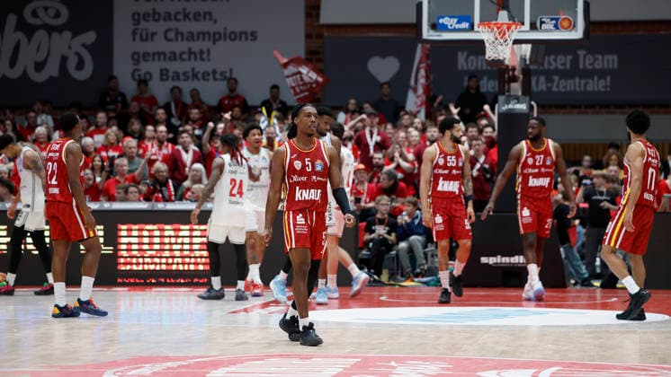 from left to right Disappointment at Johnathan Stove Fitness First Wuerzburg Baskets, 22 , Marcus Carr Fitness First Wuerzburg Baskets, 5 , David Muenkat Fitness First Wuerzburg Baskets, 55 , Eddy Edigin Fitness First Wuerzburg Baskets, 27 and Davion Mintz Fitness First Wuerzburg Baskets, 10 01 02 2026, Basketball, BBL, Fitness First Wuerzburg Baskets vs BMA365 Bamberg Baskets, GER, Wuerzburg, Tectake Arena Copyright: HMBxMedia xHeikoxBecker