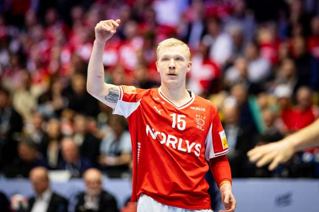 HERNING, DENMARK - FEBRUARY 1: celebration goal celebration Magnus Saugstruo (Denmark, 15) during the EHF EURO 2026 Final match between Denmark vs Germany at Jyske Bank Boxen Arena on February 1, 2026 in Herning, Denmark. Midtjylland Denmark Copyright: xMarioxM.xKobergx