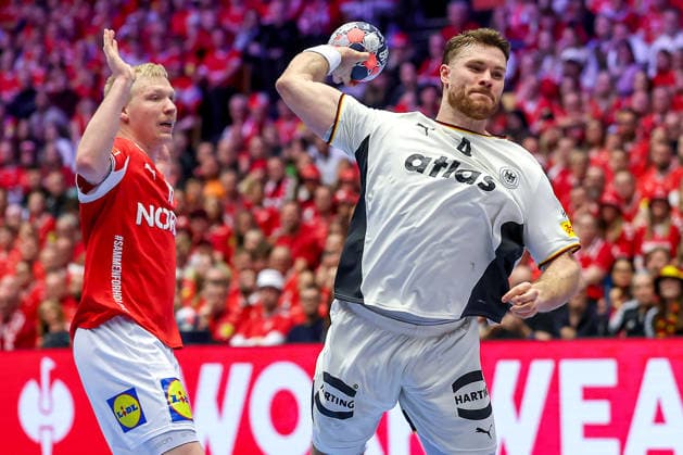 01 02 2026, Handball, Men s EHF EURO 2026, Germany Denmark, Jyske Bank Boxing in Herning, Final Johannes Golla Germany 04 throws the ball on goal Denmark