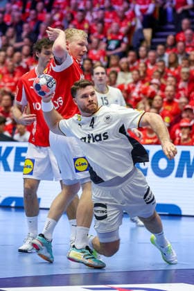 01 02 2026, Handball, Men s EHF EURO 2026, Germany Denmark, Jyske Bank Boxing in Herning, Final Johannes Golla Germany 04 throws the ball on goal Denmark