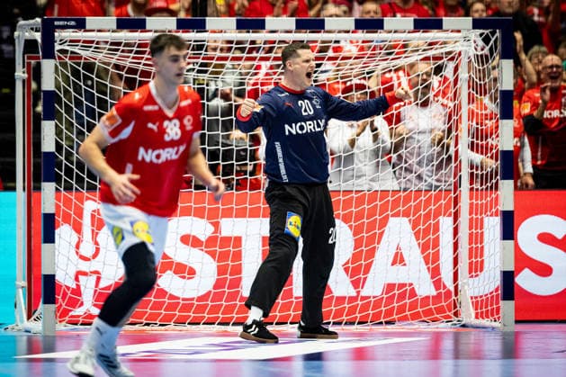 HERNING, DENMARK - FEBRUARY 1: goalie celebration joy after saved ball Kevin Moller (Denmark, 20) during the EHF EURO 2026 Final match between Denmark vs Germany at Jyske Bank Boxen Arena on February 1, 2026 in Herning, Denmark. Midtjylland Denmark Copyright: xMarioxM.xKobergx
