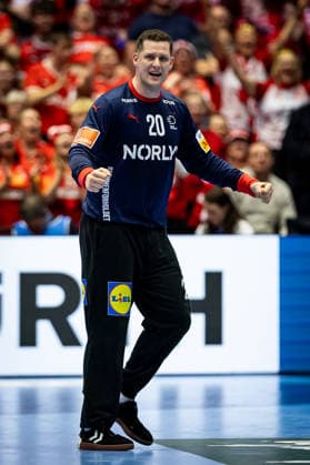 HERNING, DENMARK - FEBRUARY 1: goalie celebration joy after saved ball Kevin Moller (Denmark, 20) during the EHF EURO 2026 Final match between Denmark vs Germany at Jyske Bank Boxen Arena on February 1, 2026 in Herning, Denmark. Midtjylland Denmark Copyright: xMarioxM.xKobergx