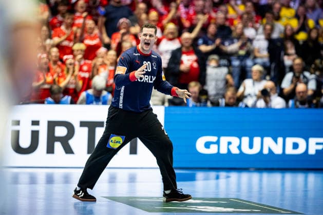 HERNING, DENMARK - FEBRUARY 1: goalie celebration joy after saved ball Kevin Moller (Denmark, 20) during the EHF EURO 2026 Final match between Denmark vs Germany at Jyske Bank Boxen Arena on February 1, 2026 in Herning, Denmark. Midtjylland Denmark Copyright: xMarioxM.xKobergx