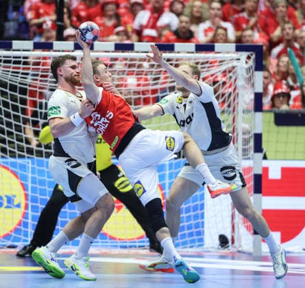 Denmark v Germany - Men s EHF EURO 2026 Final Thomas Arnoldsen of Denmark in action against Johannes Golla of Germany during the Men s EHF EURO 2026 Final match between Denmark and Germany at Jyske Bank Boxen on February 1, 2026 in Herning, Denmark.  SanjinxStrukic PIXSELL